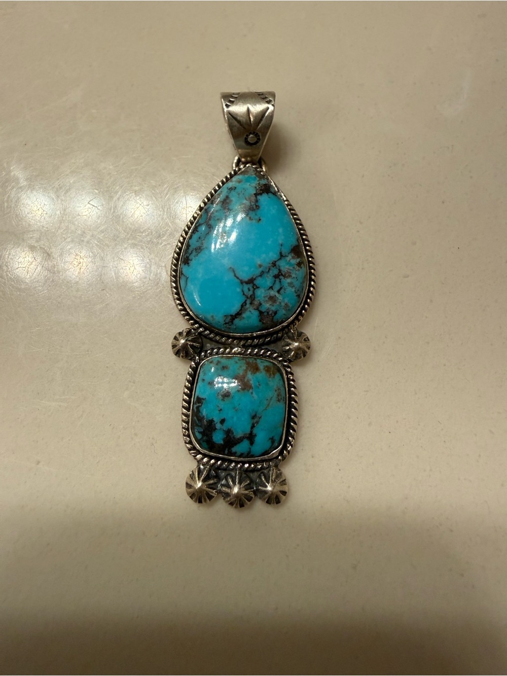 Nizhoni Stamped Double Turquoise Stone Sterling Silver Pendant